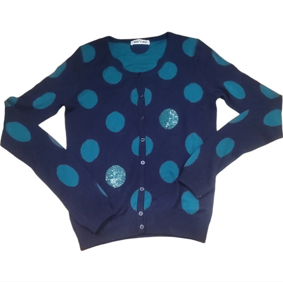 Who's Who navy blue teal dot sequin cardigan sweater xl silk wool - Picture 1 of 8
